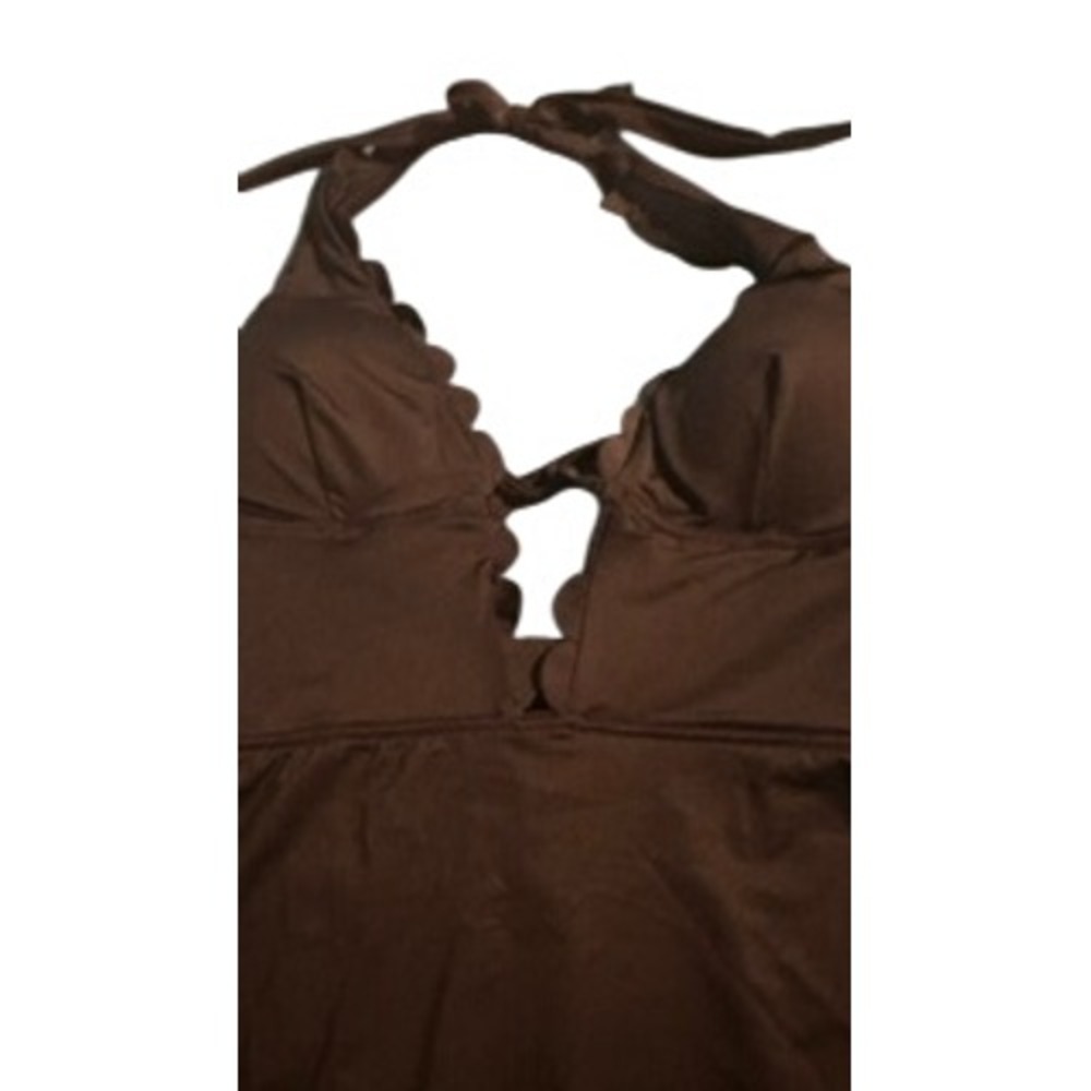 Brown Scalloped Halter One Piece Swimsuit V-Neck Cutout Swimwear DAA12E5F001AA